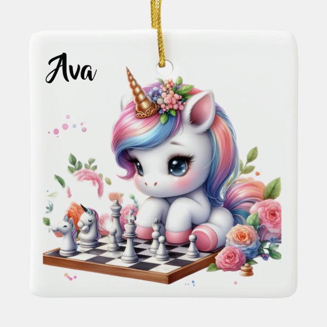Ornement En Céramique Personalized Cute Unicorn/Little Kid playing chess (Devant)