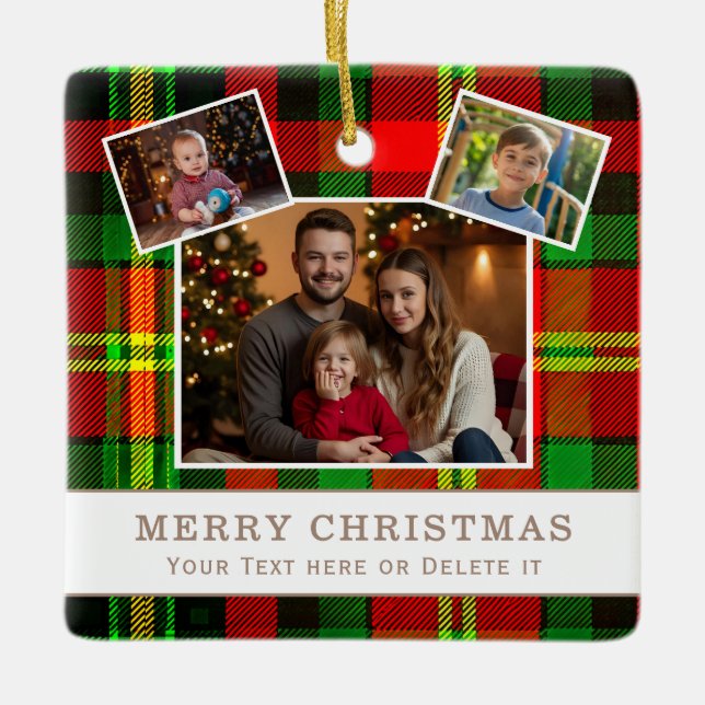 Ornement En Céramique Personalized Family 3 Photo Green Plaid Christmas  (Devant)