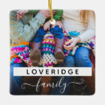 Ornement En Céramique Personalized Family Surname Custom Photo Christmas<br><div class="desc">Custom Christmas Ceramic Ornament personalized with your photo and family surname. Your custom name is written in an uppercase black font with a white background, and the word "family" is written in an elegant hand lettered font script with curly swashes. Click "Personalize" to add your family name monogram and a...</div>
