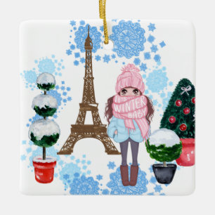 Ornement En Céramique Personalized Girl in Paris Winter Eiffel Tower