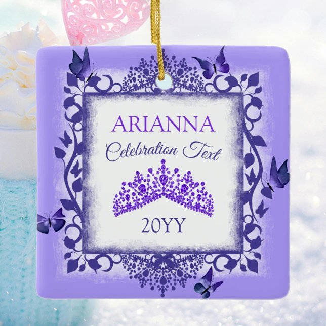 Ornement En Céramique Personalized Royal Purple Tiara & Butterflies (personalized tree ornament with purple butterflies and tiara, congratulations, commemorative gift)