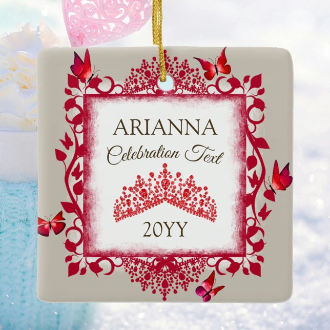 Ornement En Céramique Personalized Ruby Red Tiara & Butterflies (red butterflies & rhinestone tiara tree ornament, congratulations)