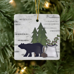 Ornement En Céramique Personalized Rustic Country Bear Birch Christmas