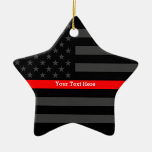 Ornement En Céramique Personalized Thin Red Line Grey US Flag Your Text