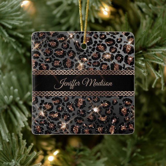Ornement En Céramique Personalized Trendy Leopard Black Gold Glitter     (Arbre)