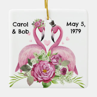 Ornement En Céramique Personalized Wedding Flamingos Couples