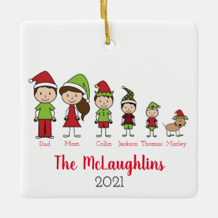 Ornement En Céramique Personnages de Noël mignons en famille avec chien