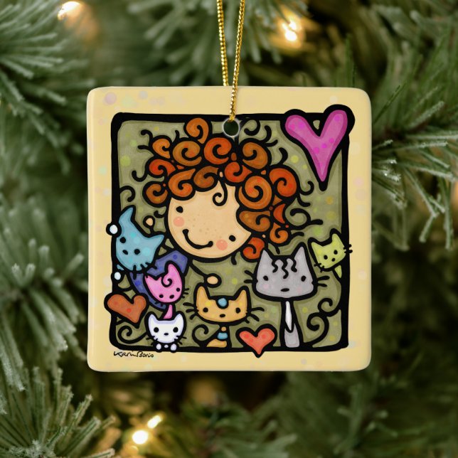 Ornement En Céramique Personnalisable mignonne Curly Girls Loves Cats (Arbre)