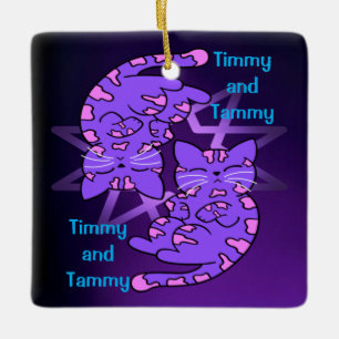 Ornement En Céramique Personnalisable Purple Gemini Retro Neon Kittens