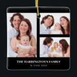 Ornement En Céramique Personnalisé 3 sections Famille Photo Collage Blac<br><div class="desc">Jolie disposition de quatre photos de famille collage divisé en 3 sections avec cadre de portrait rectangle à gauche et deux cadres de paysage noir rectangle à droite avec textes sur le côté inférieur. Personnalisez-le avec vos propres photos et textes. Parfait cadeau fait sur mesure pour vos proches.</div>