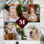 Ornement En Céramique Personnalisé 4 Photo Monogramme Rouge Buffalo Plai<br><div class="desc">Célébrez vos souvenirs préférés avec un ornement de collection photo de monogramme Red Buffalo Plaid personnalisé. Quand vous avez tant de souvenirs et de photos amusants, une seule photo ne suffit pas. Notre Ornement Photo Personnalisé a 4 photos et un centre monogrammed initial et nom pour personnaliser. Cet ornement personnalisé...</div>