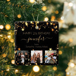 Ornement En Céramique Personnalisé amis photo anniversaire noir étoiles<br><div class="desc">Un cadeau d'amis pour le 21e anniversaire d'une femme, célébrant sa vie avec 3 de vos photos d'elle, de ses amis, de sa famille, de son intérêt ou des animaux de compagnie. Personnalisez et ajoutez son nom, son âge de 21 ans et vos noms. Lettres de couleur dorée. Un arrière...</div>