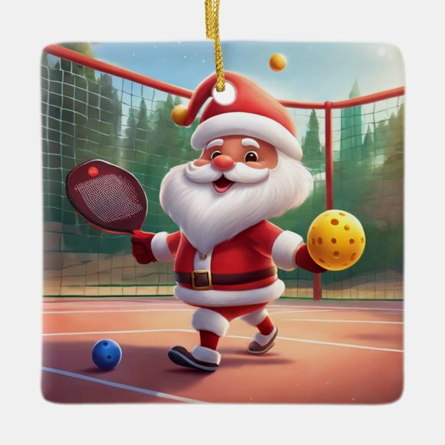 Ornement En Céramique Personnalisé Cute Père Noël Jouer Pickleball (Devant)