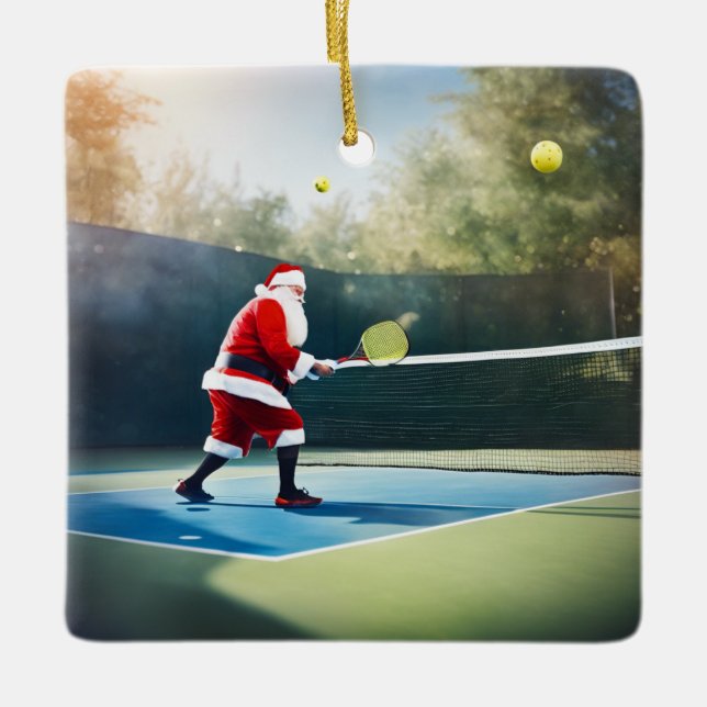 Ornement En Céramique Personnalisé Cute Père Noël Jouer Pickleball (Devant)