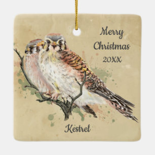 Ornement En Céramique Personnalisé Date Noël Aquarelle Kestrel, Faucon