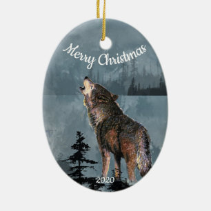 Ornement En Céramique Personnalisé Date Noël Howling Wolf Aquarelle Art