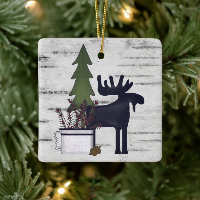 Ornement En Céramique Personnalisé Rustic Country Moose Birch Noël (Arbre)