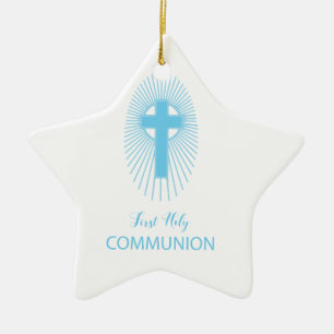 Ornement En Céramique Personnaliser, Blue First Holy Communion Cross hôt