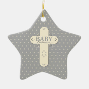 Ornement En Céramique Personnaliser, croix crème et grise pour la dédica