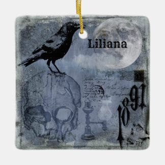 Ornement En Céramique Personnaliser vintage du crâne et du corbeau d'Hal