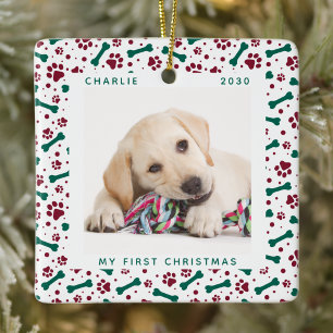 Ornement En Céramique Pet 2 Dog Photo Paw Prints Personalized Christmas