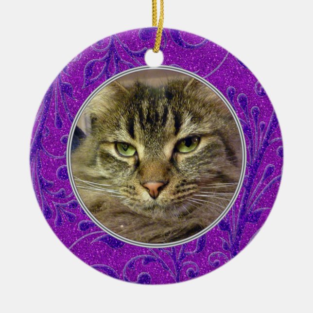 Ornement En Céramique Pet Cat Memorial Purple Photo Noël (Devant)