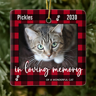 Ornement En Céramique Pet Cat Mémorial Rouge Plaid En Mémoire Amoureuse