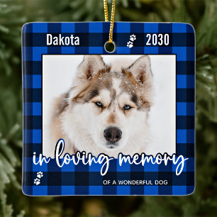 Ornement En Céramique Pet Chien Mémorial bleu Plaid En Mémoire Amoureuse