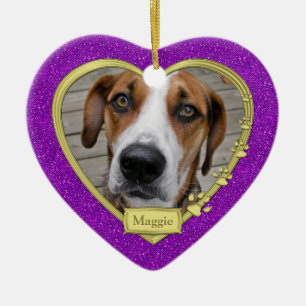 Ornement En Céramique Pet Dog Memorial Photo Noël Purple Gold Heart