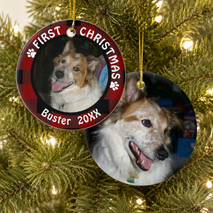 Ornement En Céramique Pet FIRST CHRISTMAS 2-Sided 2-Photo Buffalo Check