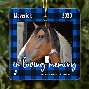 Ornement En Céramique Pet Horse Memorial Blue Plaid Love Memory Photo