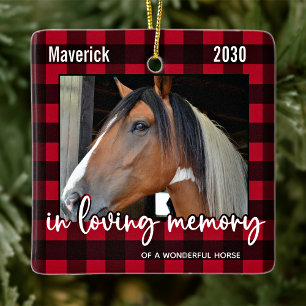 Ornement En Céramique Pet Horse Memorial Rouge Plaid Love Memory Photo