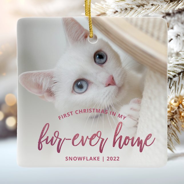 Ornement En Céramique Pet Photo First Christmas Forever Home Rose (Créateur téléchargé)