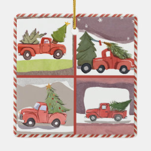 Ornement En Céramique Petit Camion rouge transportant un sapin de Noël A