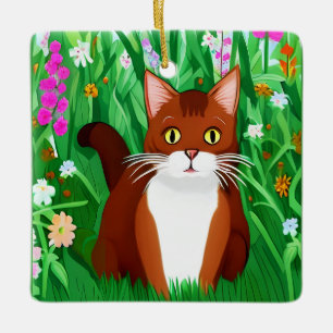 Ornement En Céramique Petit chat brun gingembre dans un champ de fleurs