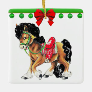 Ornement En Céramique Petit Cheval De Noël Occidental Pony Avec Selle
