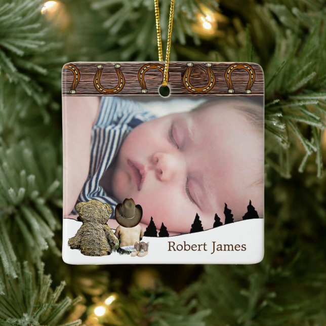 Ornement En Céramique Petit cowboy et ours en peluche Noël à la campagne (Arbre)