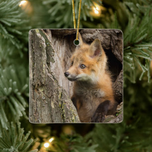 Ornement En Céramique Petit renard rouge dans le creux d'un arbre
