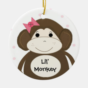 Ornement En Céramique Petit singe avec un noeud rose dans les cheveux