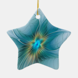 Ornement En Céramique Petite Beauté Moderne Fleur d'Art Fractal Bleu Or