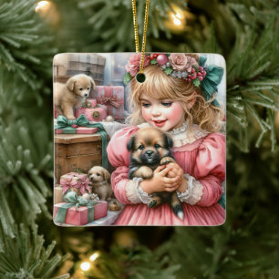 Ornement En Céramique Petite fille Vintage en rose avec des chiots Noël