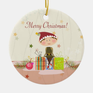 Ornement En Céramique Petits Elf-Fille et cadeaux de Noël