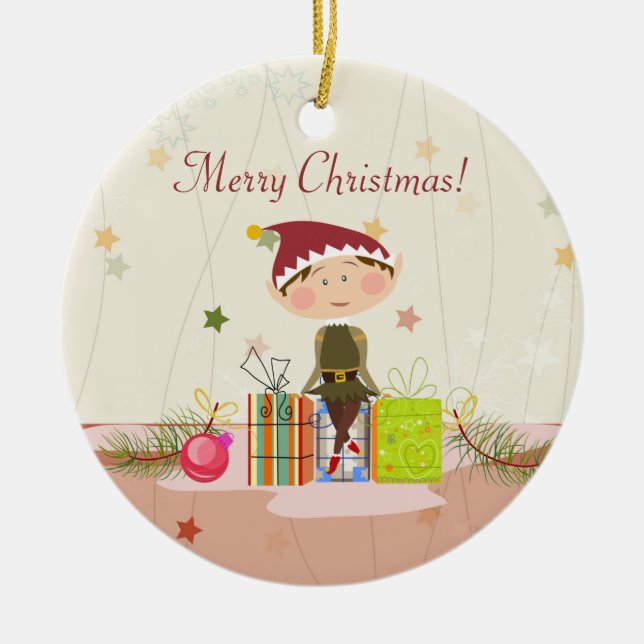 Ornement En Céramique Petits Elf-Fille et cadeaux de Noël (Devant)