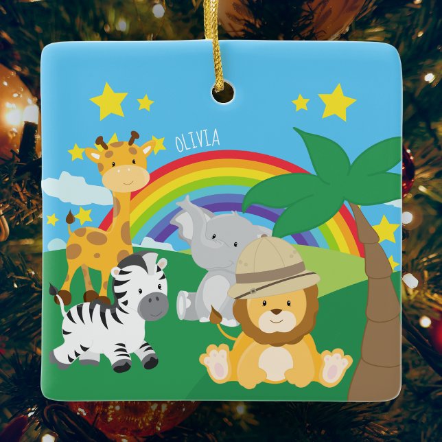 Ornement En Céramique Petits enfants Safari Jungle Animaux Nom Noël (Créateur téléchargé)