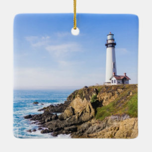 Ornement En Céramique Phare sur la colline bleu ciel maison blanche océa