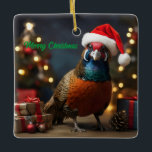 Ornement En Céramique Pheasant portant chapeau santa<br><div class="desc">C'est une image générée par aI. Je suppose que je pensais que ce serait drôle d'avoir un faisan portant un chapeau santa. C'est ce que j'ai fait.</div>