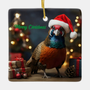Ornement En Céramique Pheasant portant chapeau santa