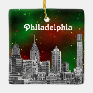 Ornement En Céramique Philadelphie Skyline Vert Rouge étoile Sky Xmas