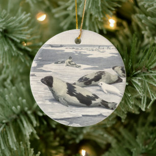 Ornement En Céramique Phoques à la harpe vintage dans la neige arctique 