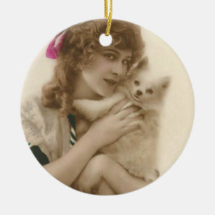 Ornement En Céramique Photo antique Victorian Woman and Dog
